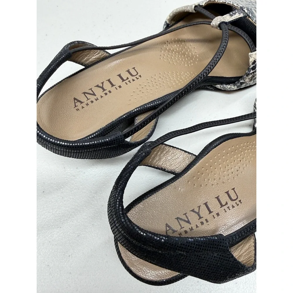 ANYI LU Italy Snakeskin Print Leather Wedge Slingback Sandals Black Silver 36 6